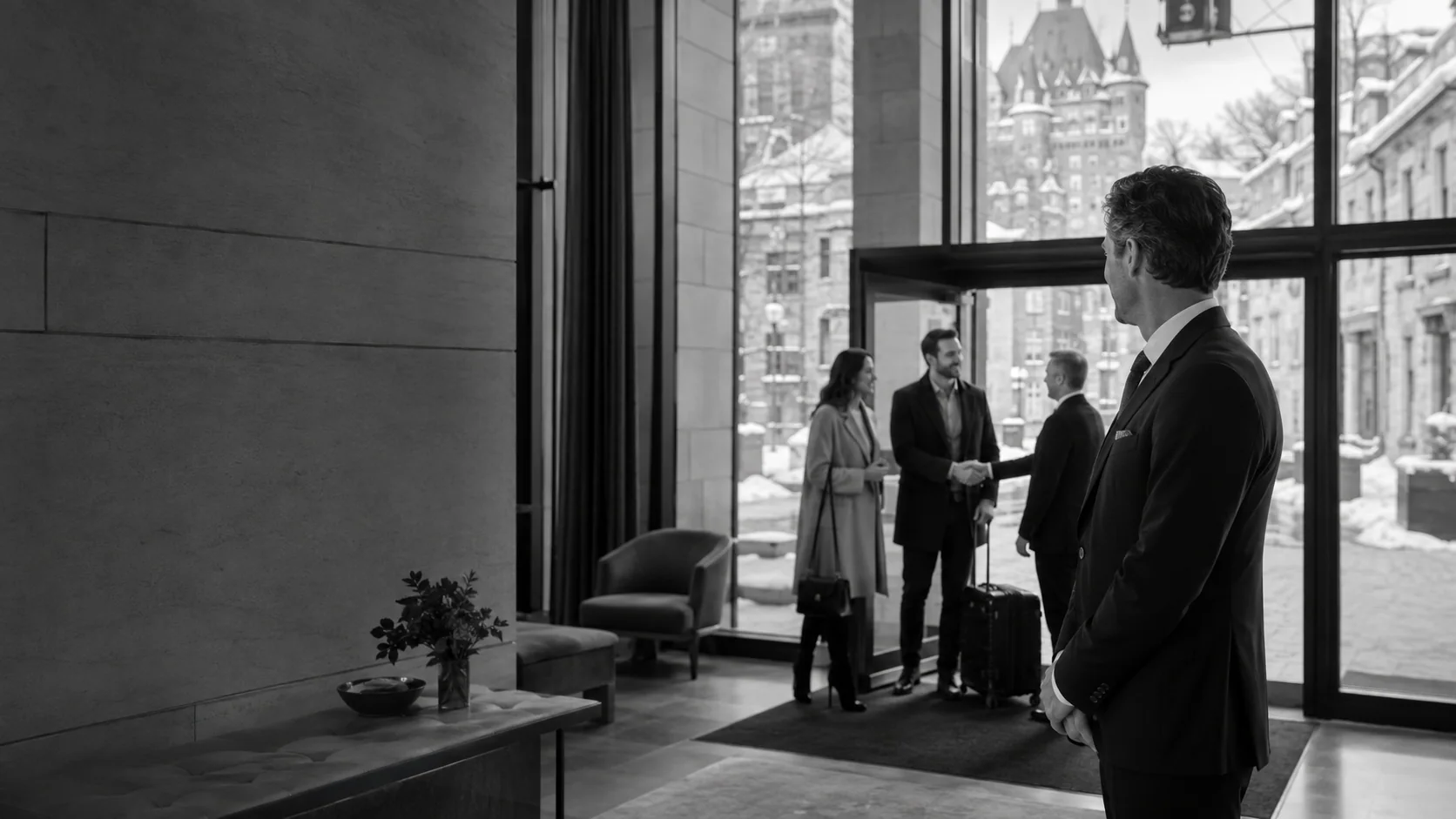 A guest arriving at a contemporary accommodation property in Québec, representing the connected NCIERGE PROTÉGÉ stay experience